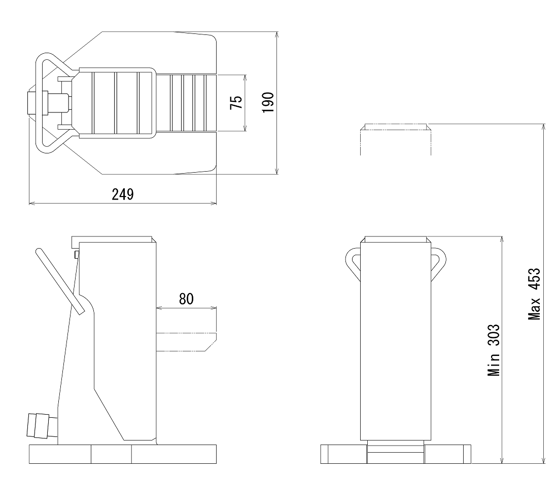 FJ-5SJ-150フジセイジャッキ（爪部耐荷重:5ton／ストローク:150mm） 寸法