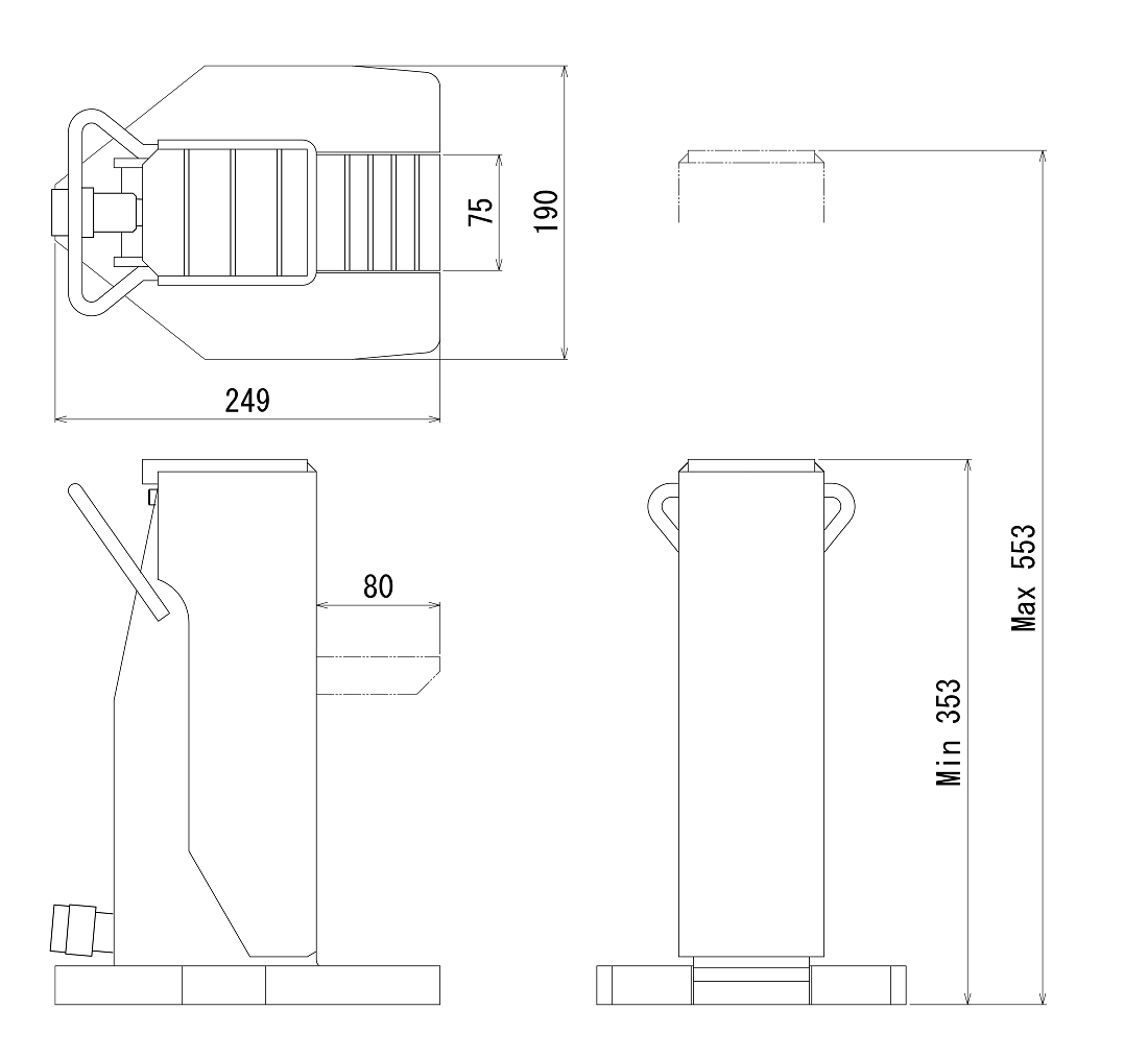 FJ-5SJ-200フジセイジャッキ（爪部耐荷重:5ton／ストローク:200mm） 寸法