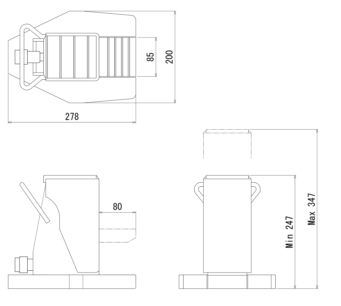 FJ-7.5SJ-100フジセイジャッキ（爪部耐荷重:7.5ton／ストローク:100mm） 寸法