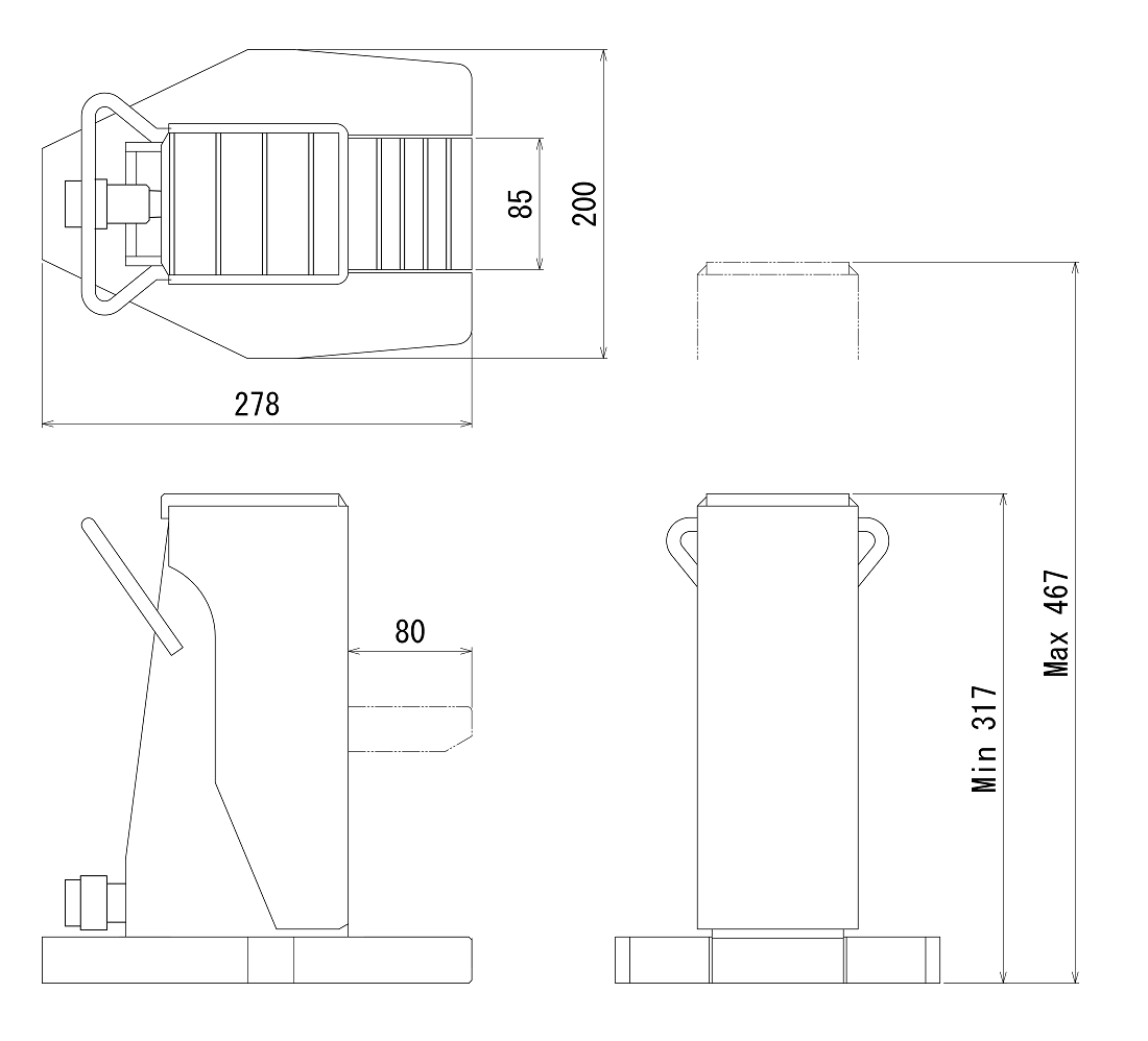 FJ-7.5SJ-150フジセイジャッキ（爪部耐荷重:7.5ton／ストローク:150mm） 寸法