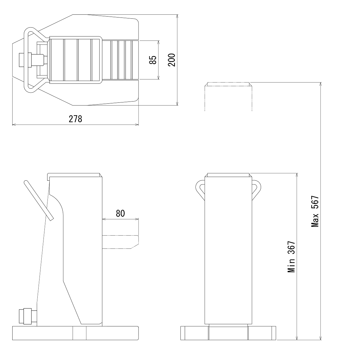 FJ-7.5SJ-200フジセイジャッキ（爪部耐荷重:7.5ton／ストローク:200mm） 寸法