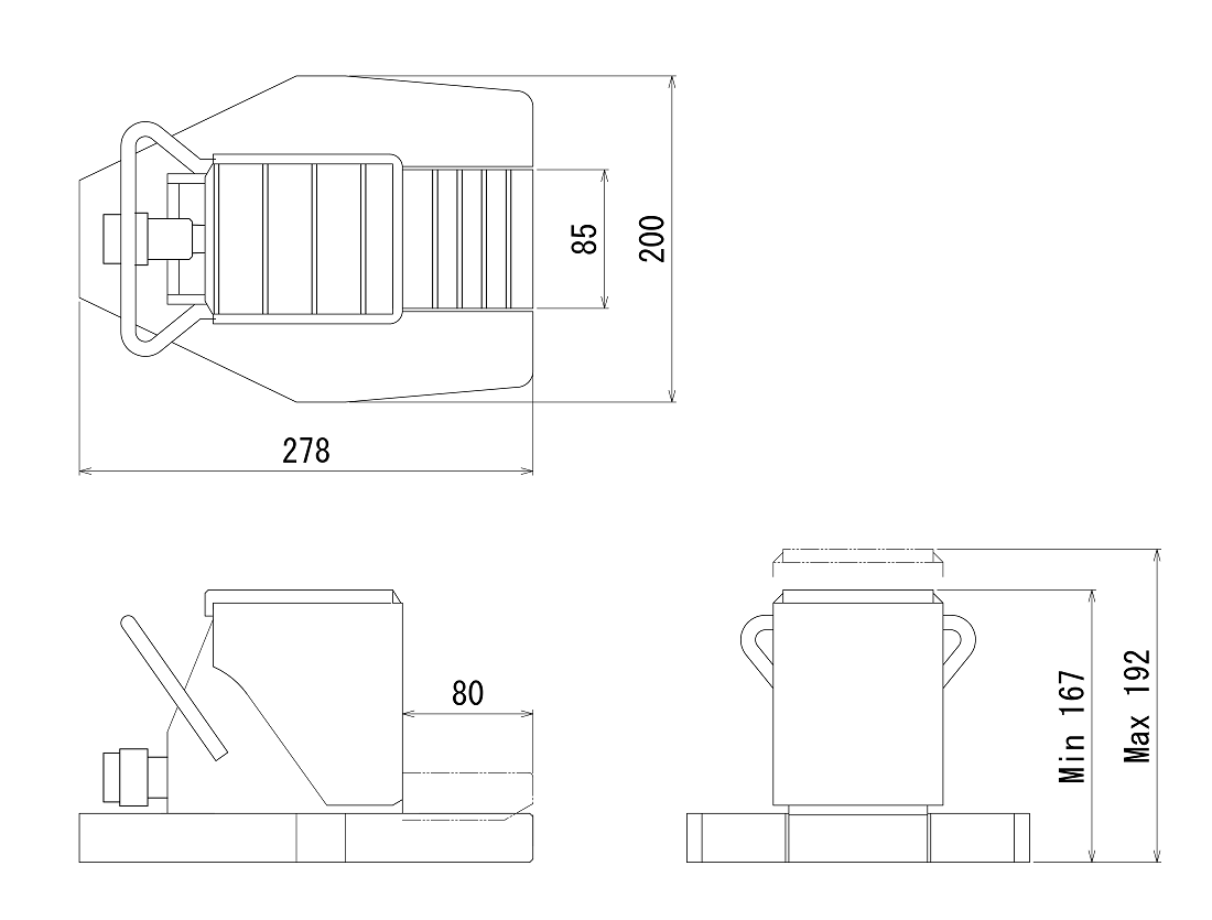 FJ-7.5SJ-25フジセイジャッキ（爪部耐荷重:7.5ton／ストローク:25mm） 寸法