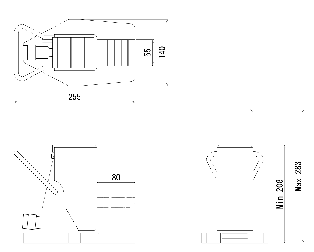 FJ-2.5SJ-75フジセイジャッキ（爪部耐荷重:2.5ton／ストローク:75mm） 寸法