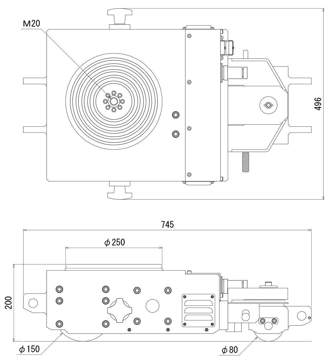 FJ-10SEL電コロ2軸3輪前後進・手動旋回タイプ（10ton） 寸法