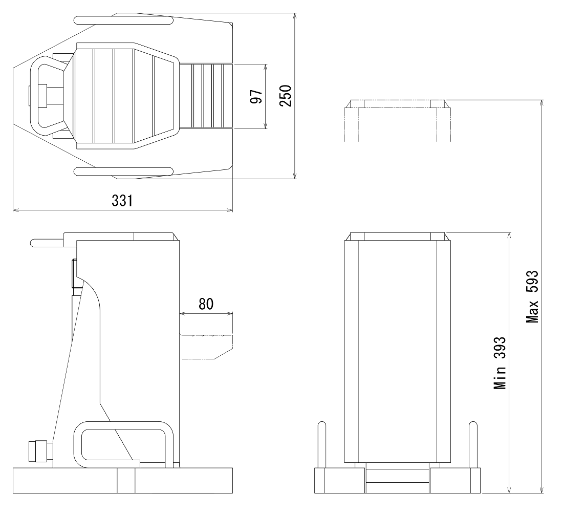 FJ-15SJ-200フジセイジャッキ（爪部耐荷重:15ton／ストローク:200mm） 寸法