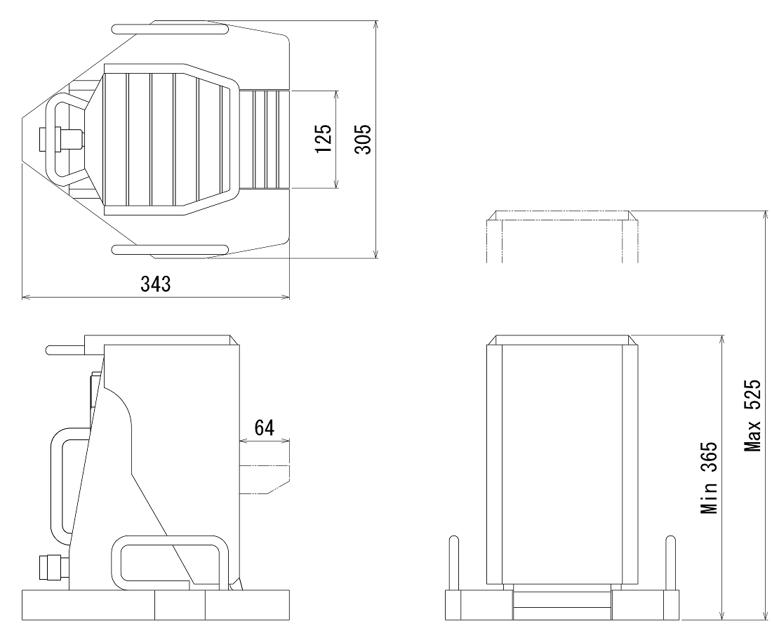 FJ-25SJ-160フジセイジャッキ（爪部耐荷重:25ton／ストローク:160mm） 寸法