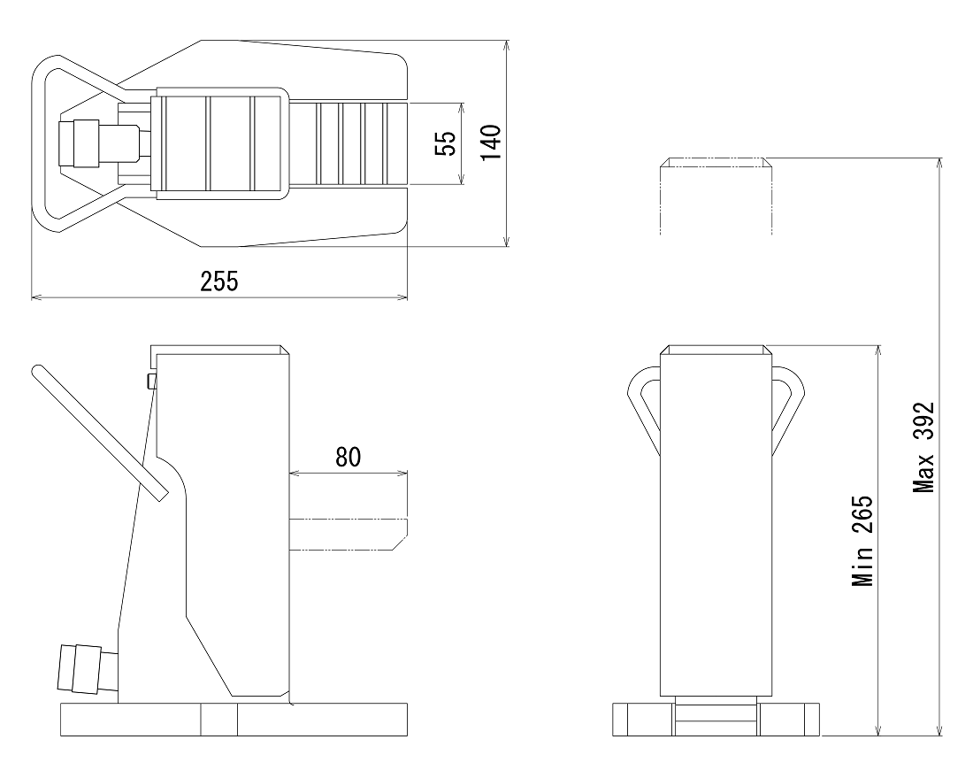 FJ-2.5SJ-127フジセイジャッキ（爪部耐荷重:2.5ton／ストローク:127mm） 寸法