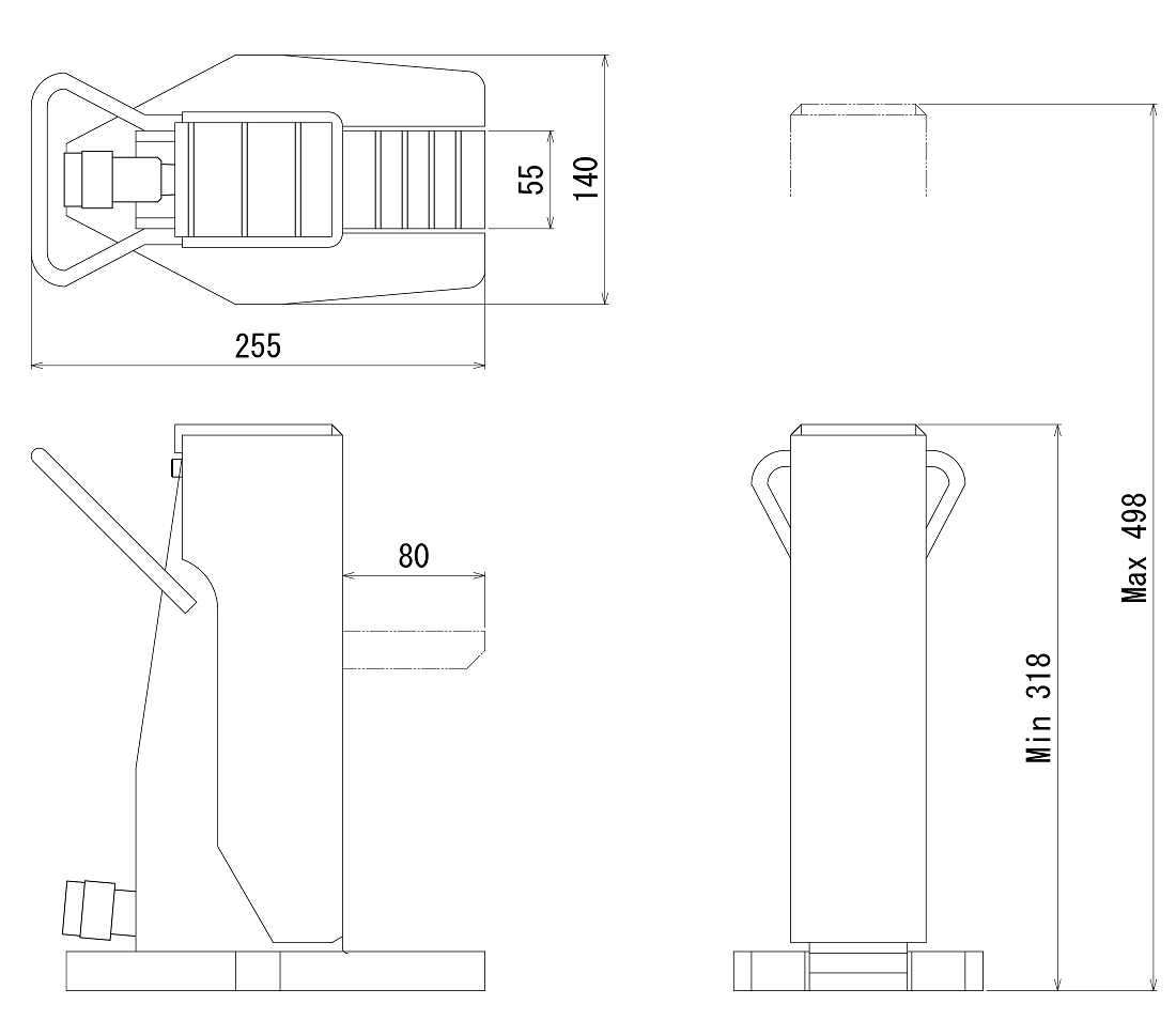 FJ-2.5SJ-180フジセイジャッキ（爪部耐荷重:2.5ton／ストローク:180mm） 寸法