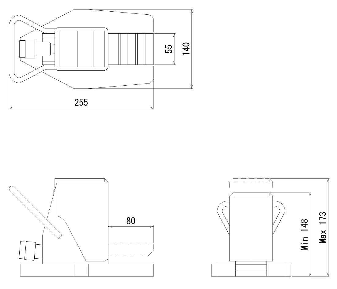 FJ-2.5SJ-25フジセイジャッキ（爪部耐荷重:2.5ton／ストローク:25mm） 寸法
